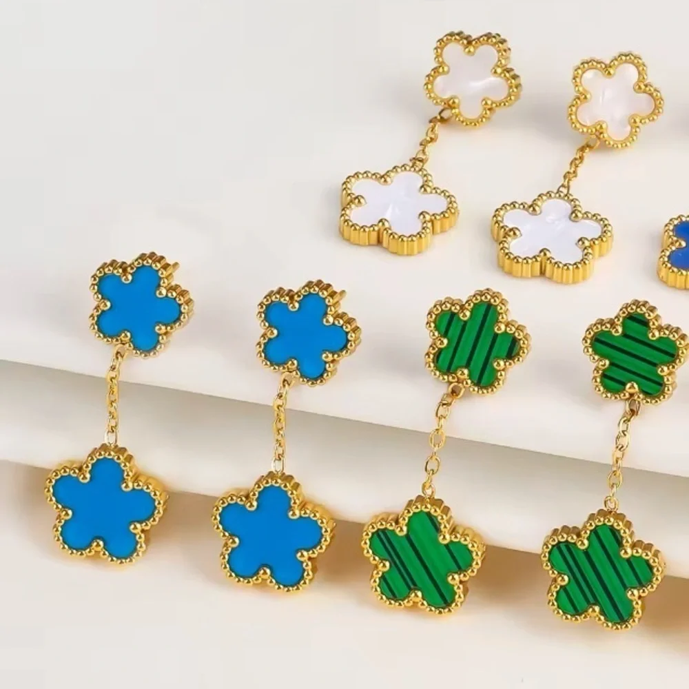 Alhambra Luck Four Clover Gold Blue Flower Stainless Steel Drop Earrings